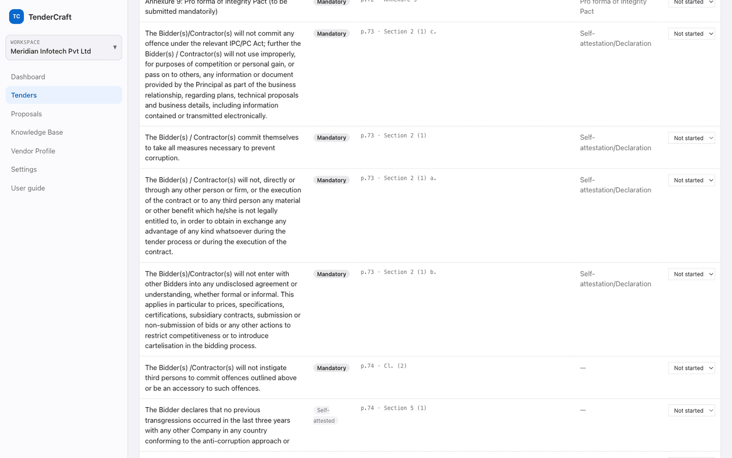 TenderCraft compliance matrix, each requirement row carrying its requirement level, page and clause reference, the evidence it needs, and its drafting status